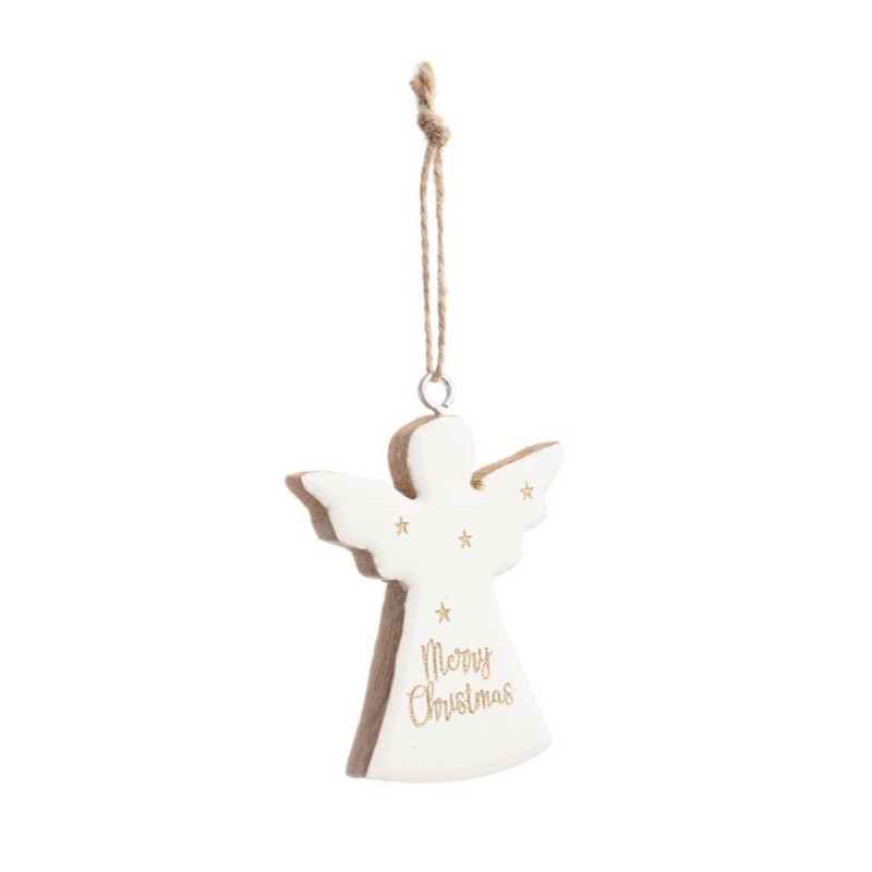 Angelo in legno di mango bianco con dettagli oro con scritta “Merry Christmas”